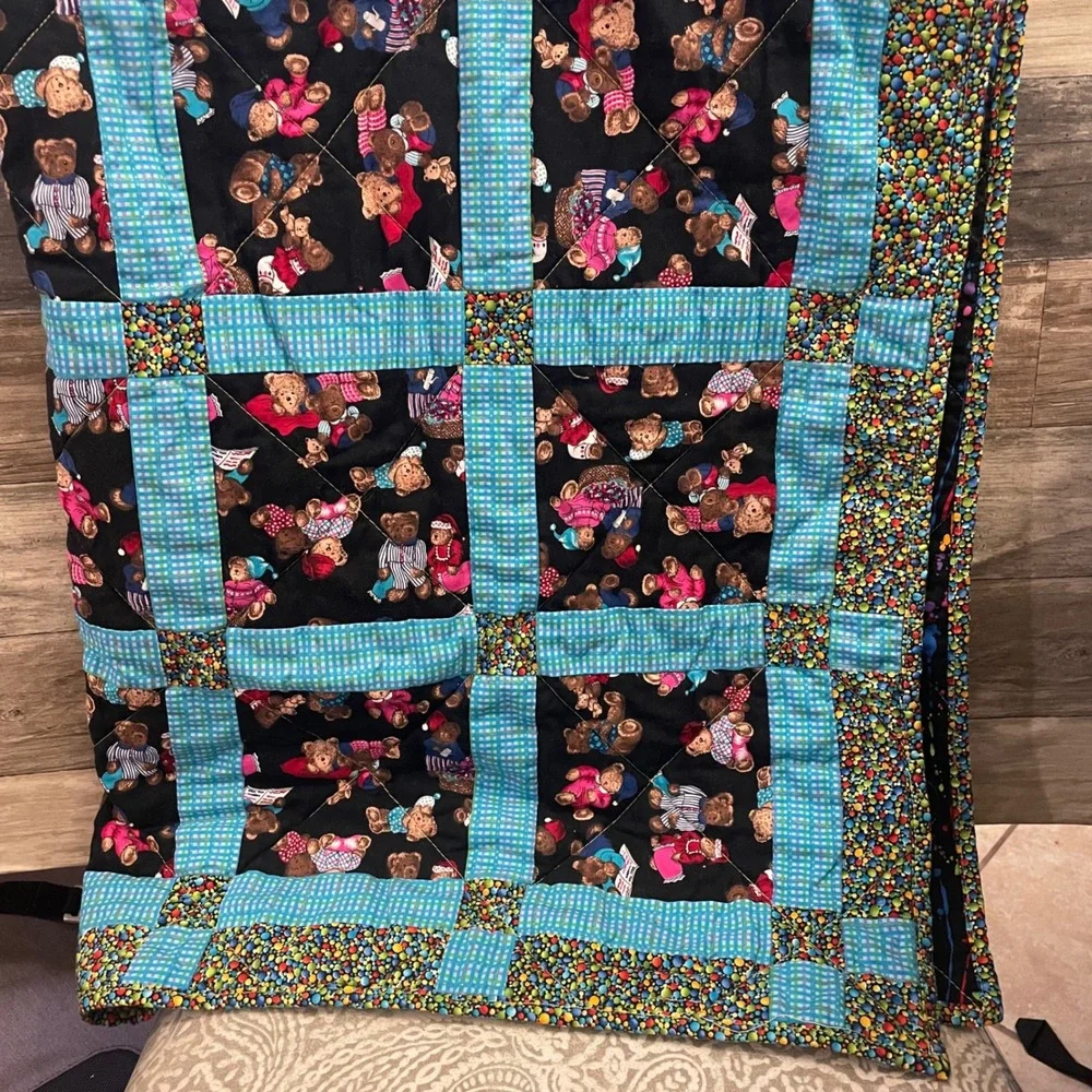 Handmade Teddy Bear Quilt Neon Paint Splatter Reverse Blue Gingham crib Blanket
